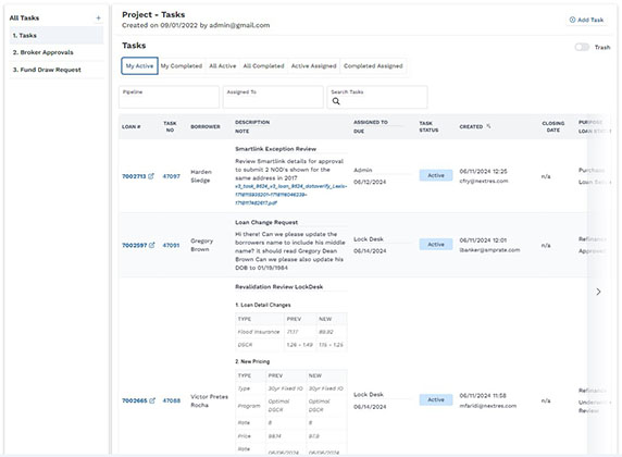 Nexys tasks and borrower engagement workspace, notes, follow-ups, and conversations in one place